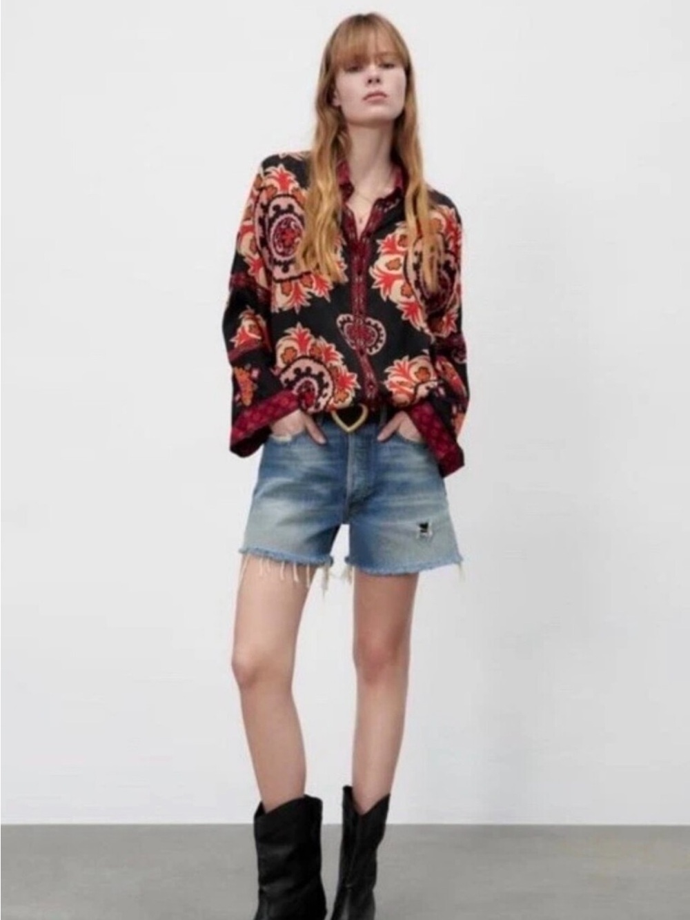NWOT Zara Boho Black Floral Button-Up Shirt Blouse with Red and Orange Pattern - Picture 14 of 14